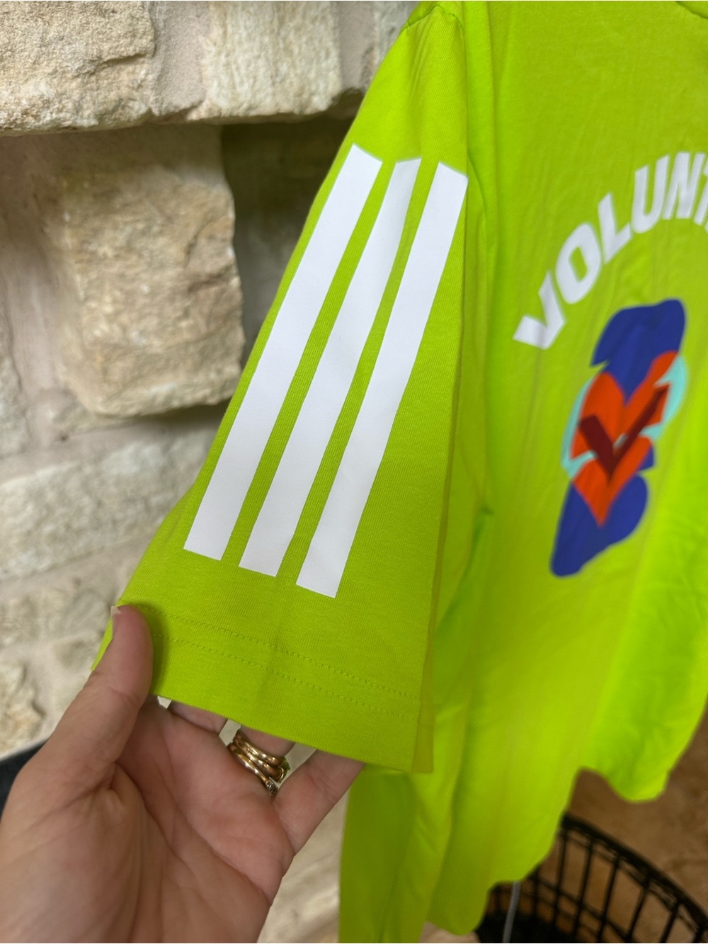 adidas Neon Lime Short Sleeve Volunteer Graphic Tee with White Sleeve Stripes